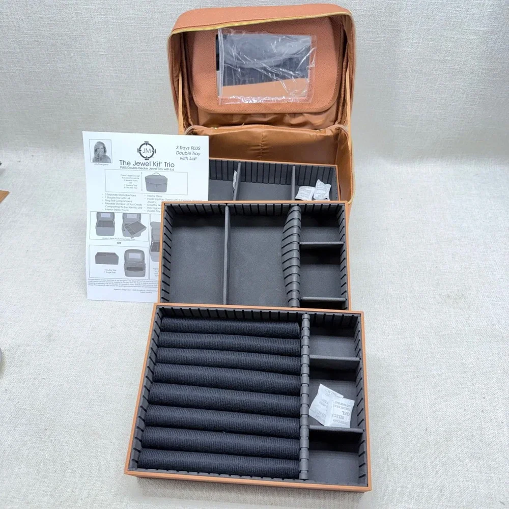 Joy Mangano The Jewel Kit Trio Double Decker Jewelry Case Cognac Saffiano Lock